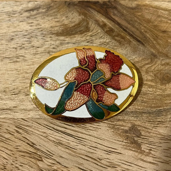 VINTAGE CLOISONNÉ FLORAL BROOCH - Picture 1 of 7